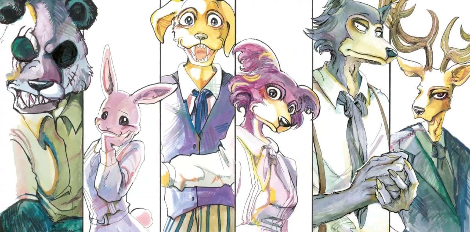《Beastars》故事的開端 壁紙 — 六個擬人化動物角色穿著商務服裝，以多樣的表情和色彩繽紛的服裝站成一排。