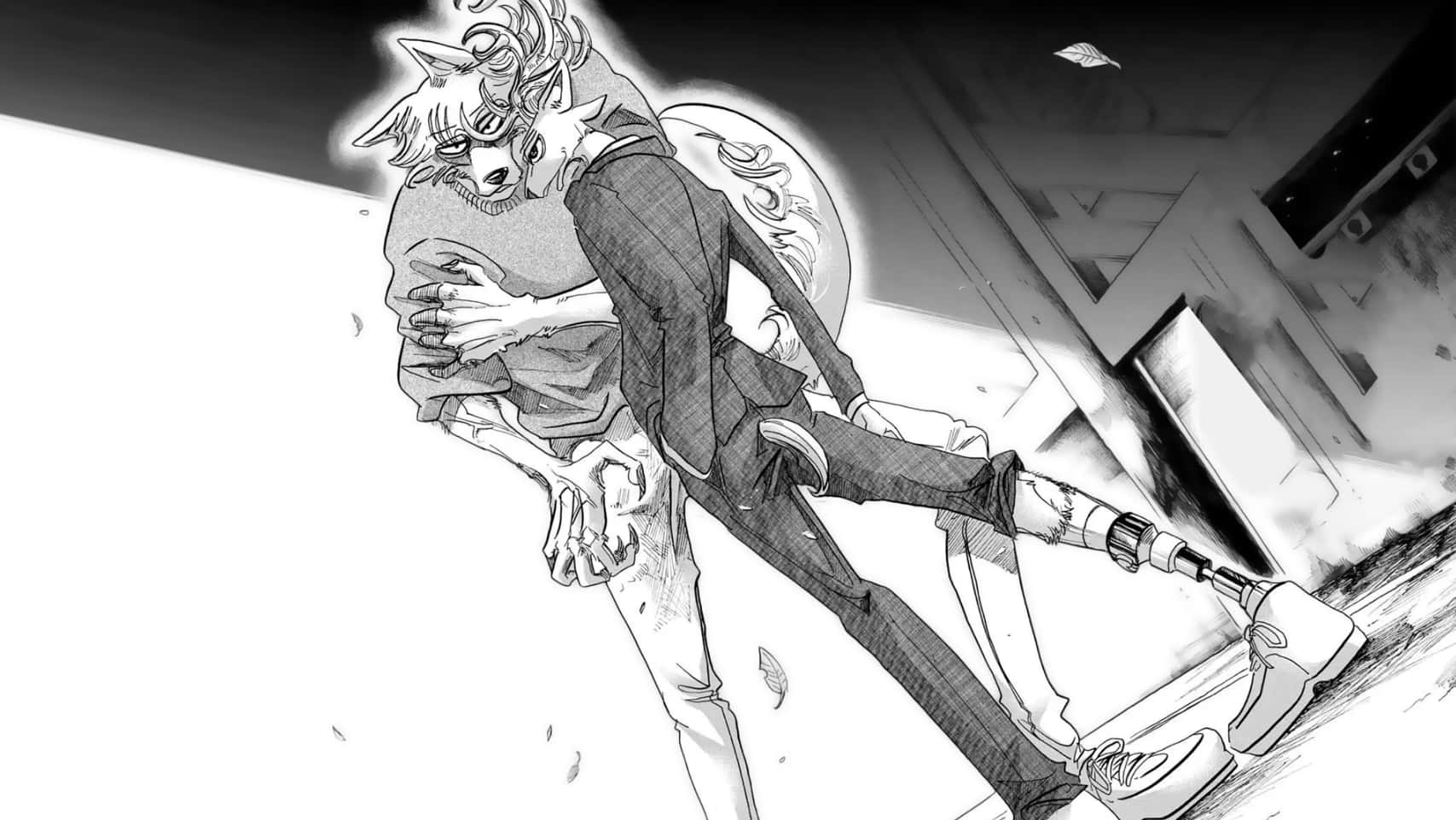 《Beastars》——締造堅強連結 壁紙 — 一個動態黑白動漫面板顯示一個穿著西裝的狼耳角色，在破碎的城市環境中抱著另一個人。