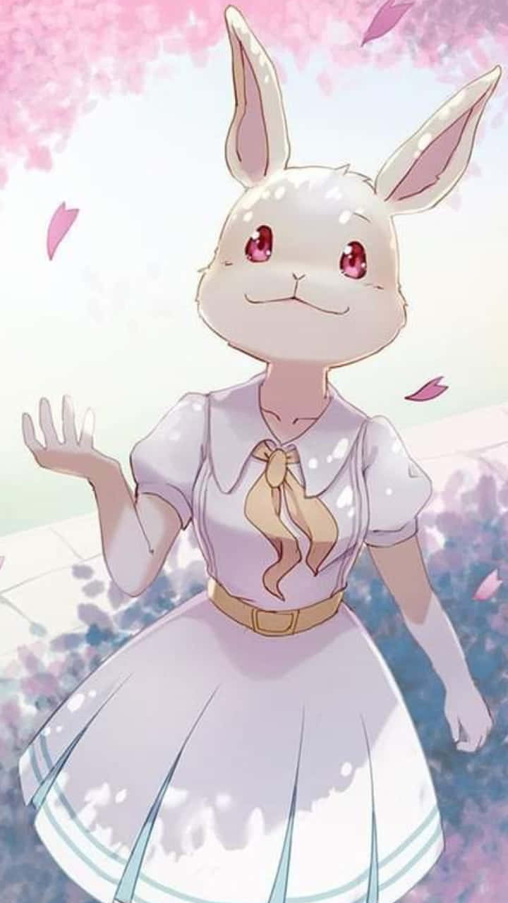 《Beastars》角色夜賞城市風景 壁紙 — 一個開心的動漫兔女郎穿著白色連衣裙，在飄落的粉紅色櫻花下揮手。