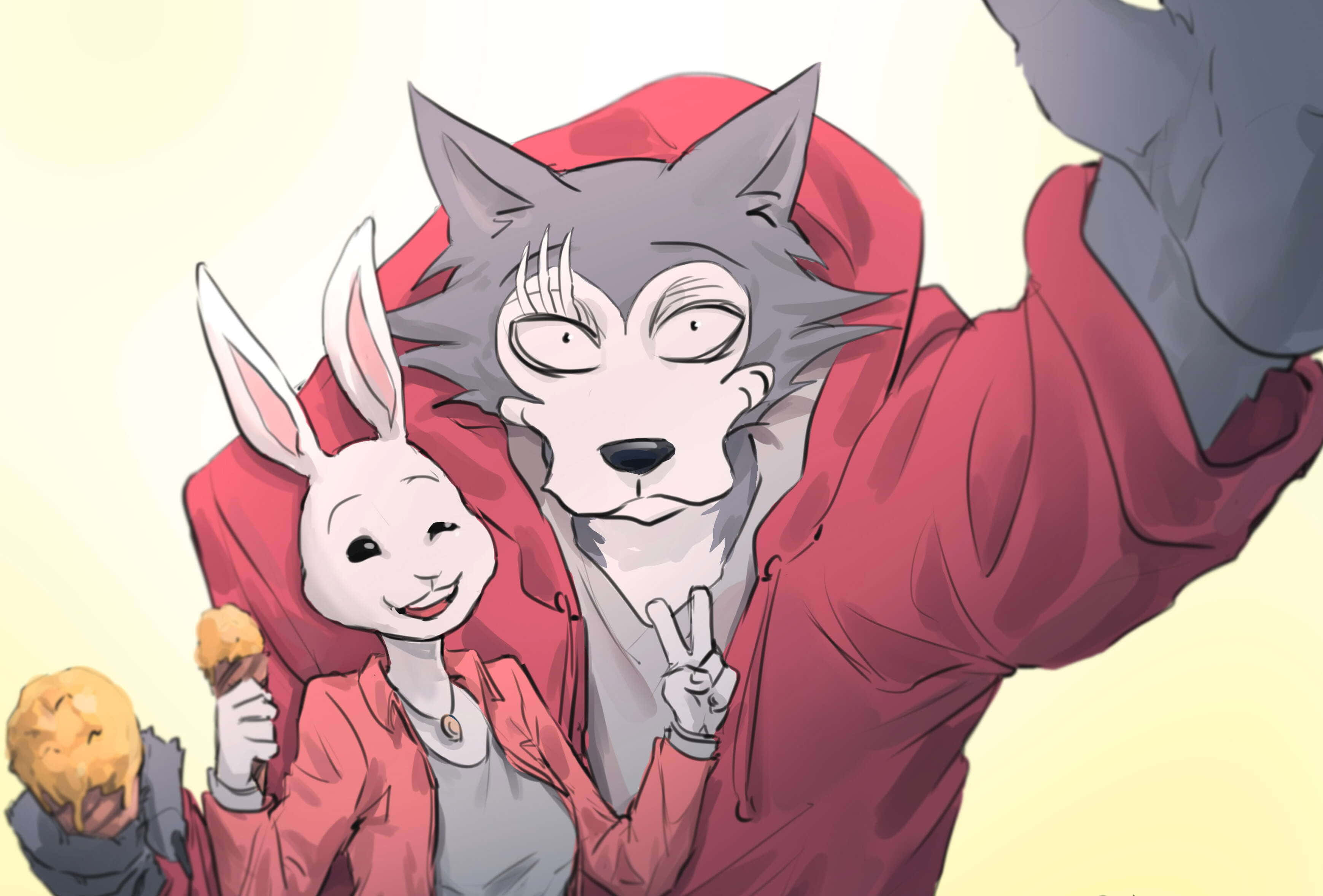 《BEASTARS》角色集錦 壁紙 — 一隻快樂的動漫狼和兔子穿著紅色連帽衫，在柔和的黃色背景前拿著雪糕和曲奇自拍。