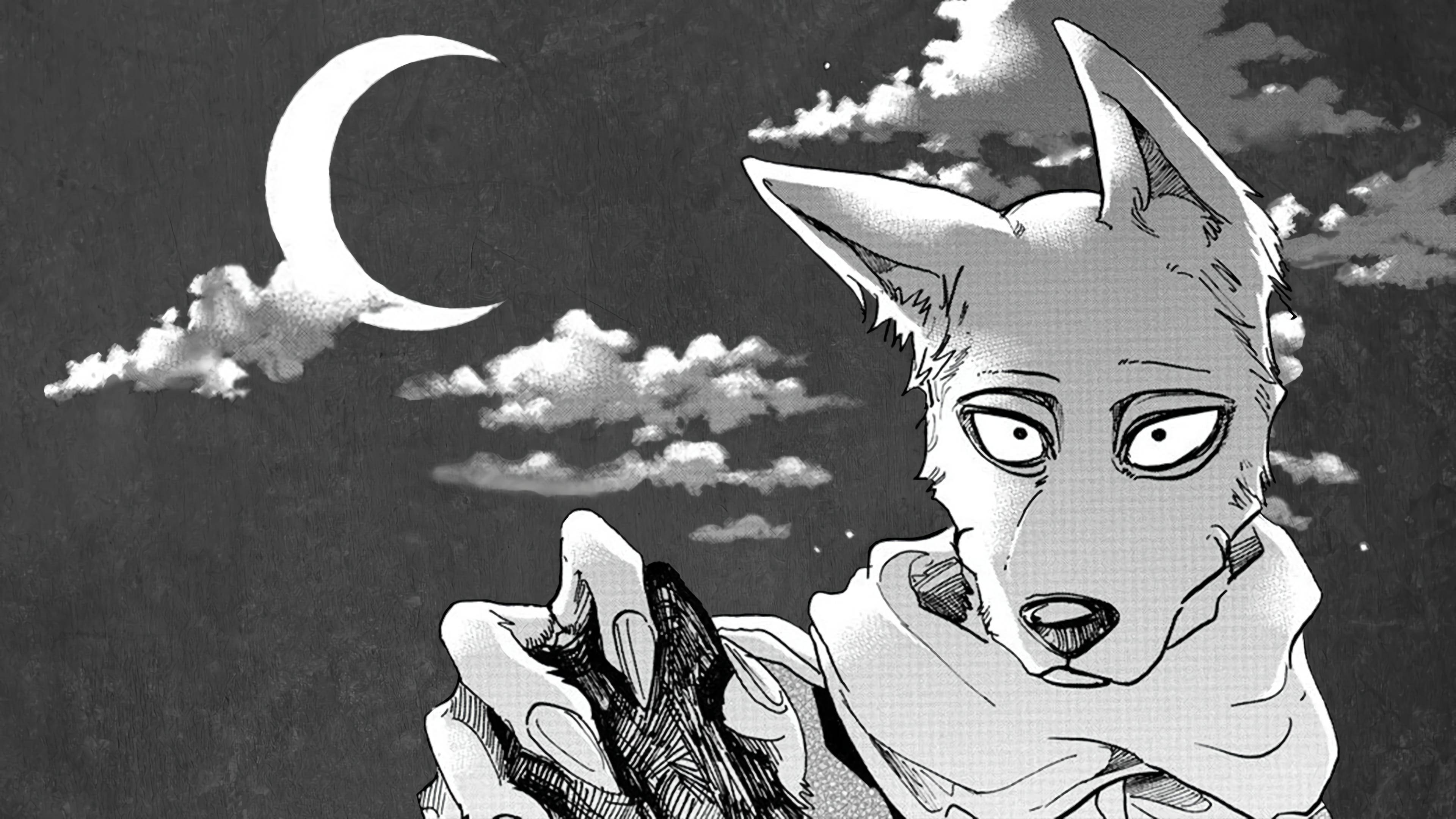 《Beastars》Legosi 短髮造型 壁紙 — 一隻風格化的動漫狼，睜大眼睛，在彎月和散落的雲朵下向上凝視。