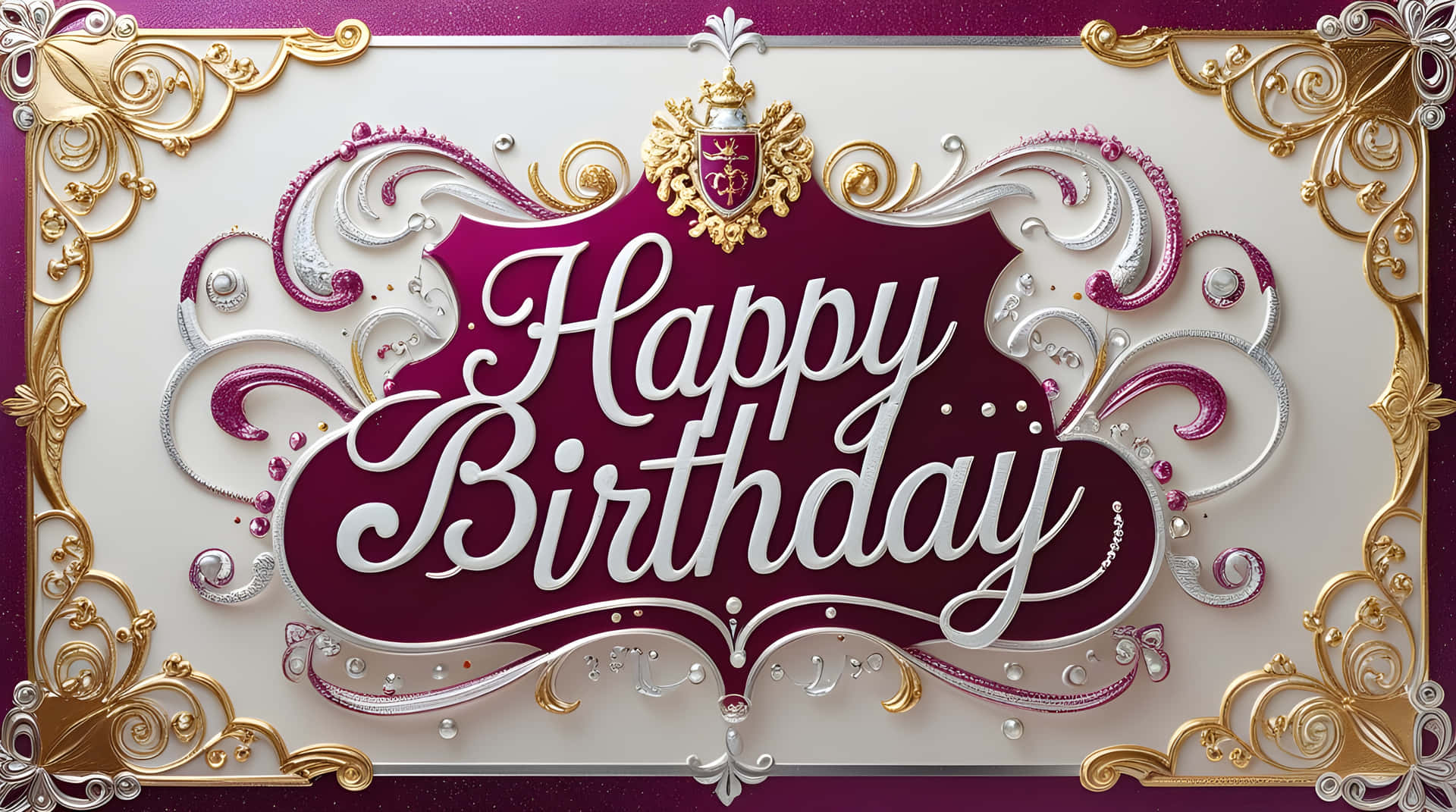 紫色背景上白色草書的Happy Birthday祝福，帶有金色和銀色裝飾漩渦紋