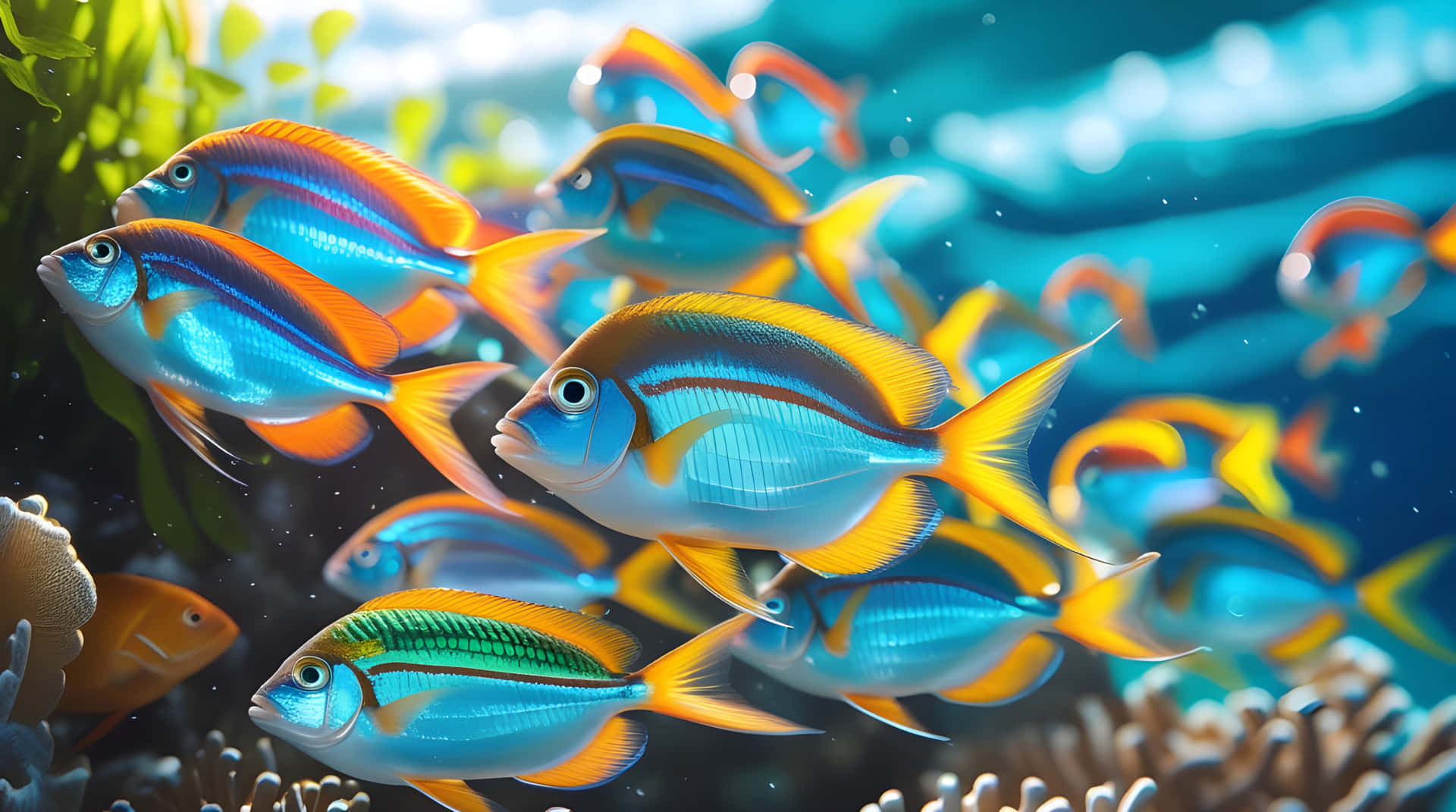 色彩繽紛的熱帶魚在明亮的海洋場景中穿梭於珊瑚之間