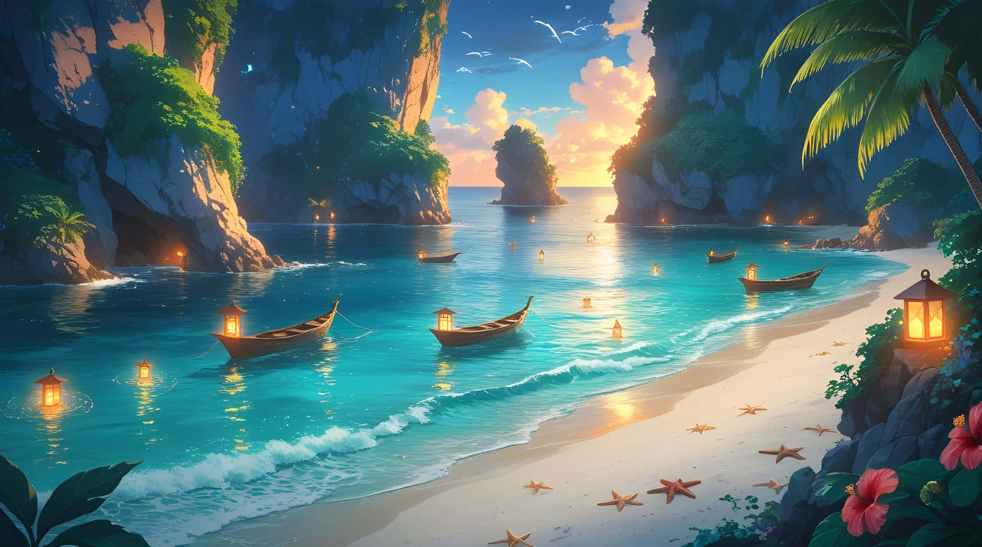 日落時分的熱帶海灘海灣，漂浮的燈籠和沙灘上的海星