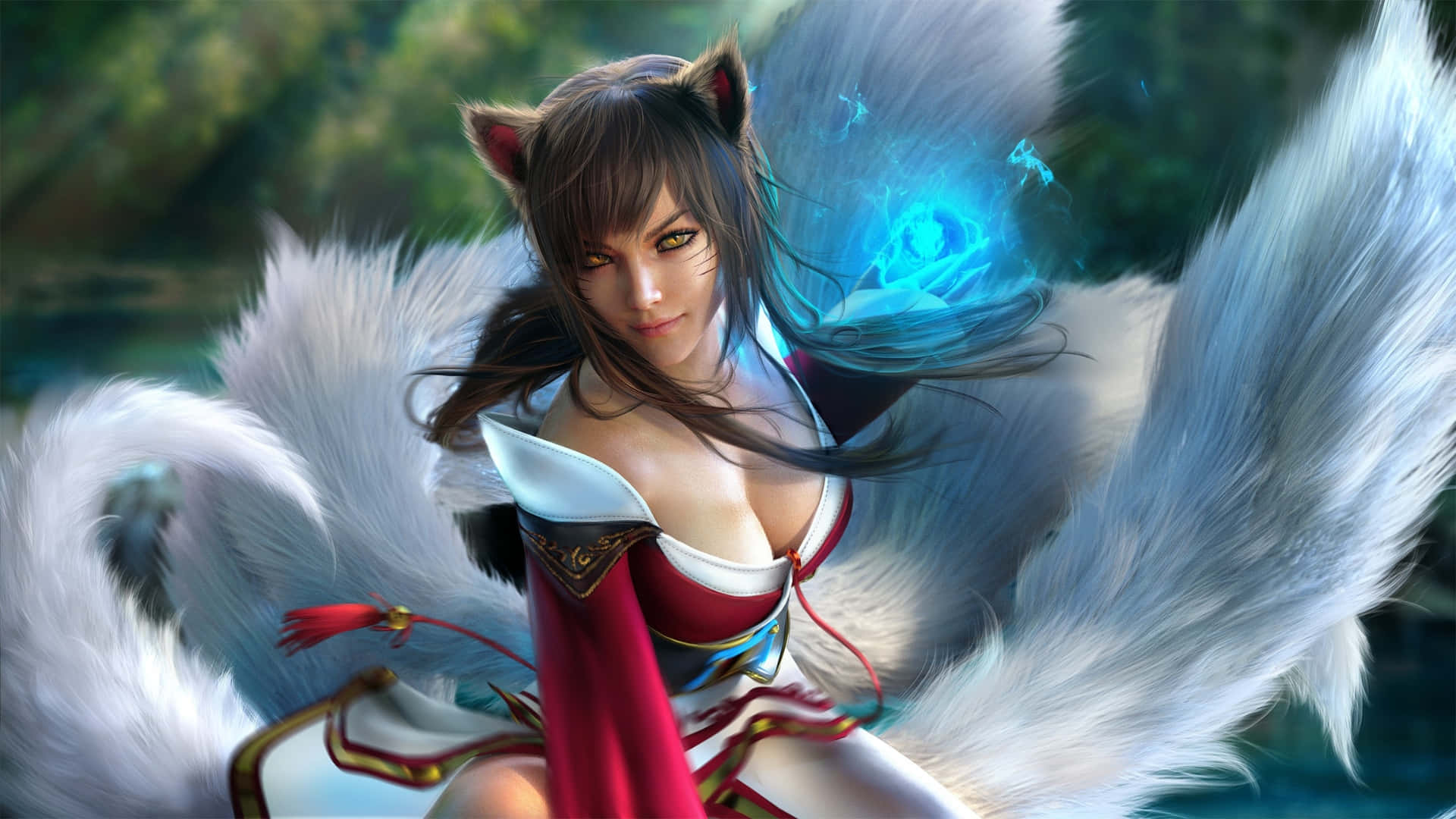  壁紙 — 一位美麗的九尾狐女神，身後有發光的藍色魔法漩渦，置身於茂密的森林環境中。