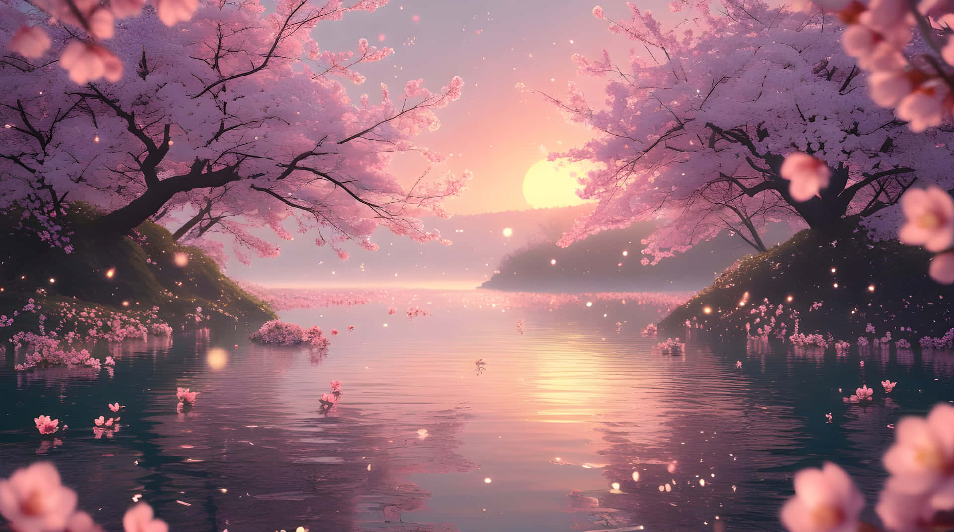 櫻花框住一條寧靜的河流，映照出金色日落，花瓣漂浮。