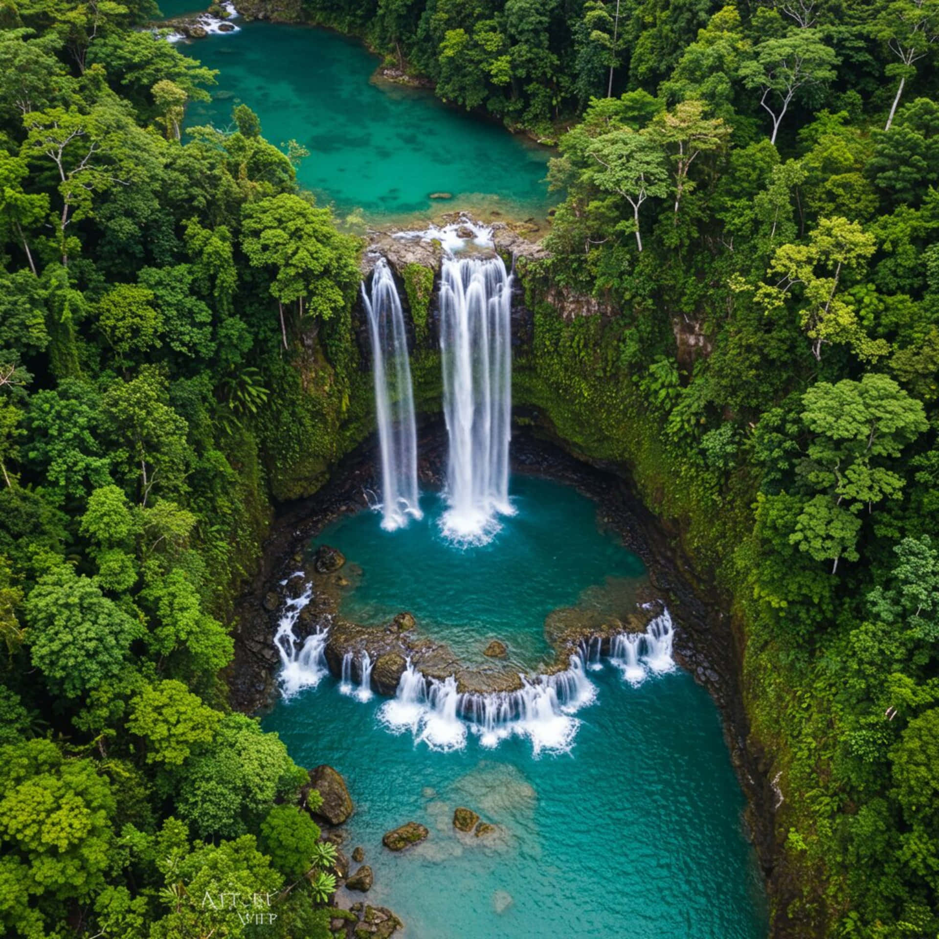 Beautiful waterfall 壁紙 — 從空中俯瞰雙子瀑布傾瀉入碧綠水池，周圍是茂密的翡翠叢林。