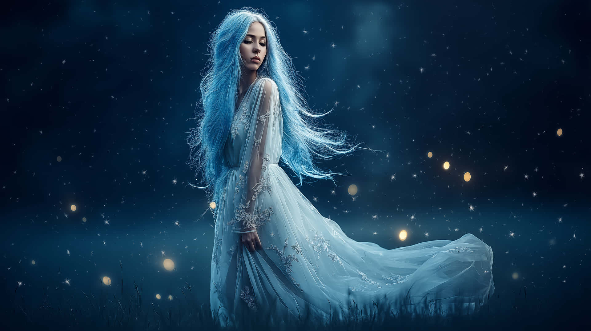 一位擁有藍色頭髮和白色長袍的女性，站在星光燦爛的夜晚田野中，周圍有發光的球體。
