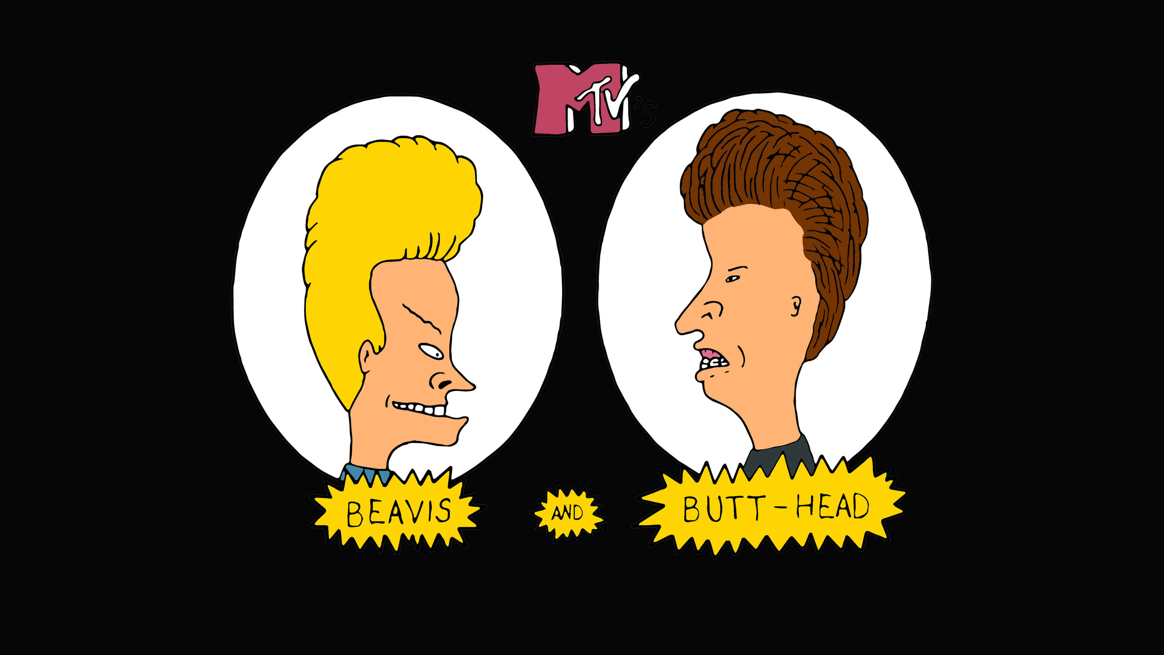 Beavis 和 Butt-Head 眼神對峙 壁紙 — 卡通角色 Beavis 和 Butt-Head 側面輪廓，帶有 MTV 標誌，黑色背景。