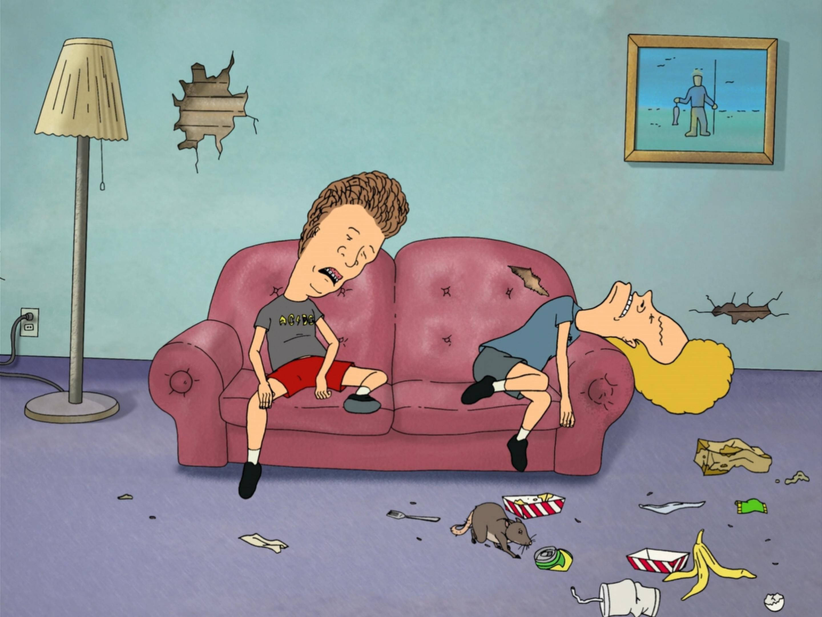 Beavis 和 Butt-Head 在髒亂房間 壁紙 — 兩個卡通角色喺一個有老鼠同散落垃圾嘅凌亂房間入面，喺一張破爛嘅粉紅色梳化上瞓覺。