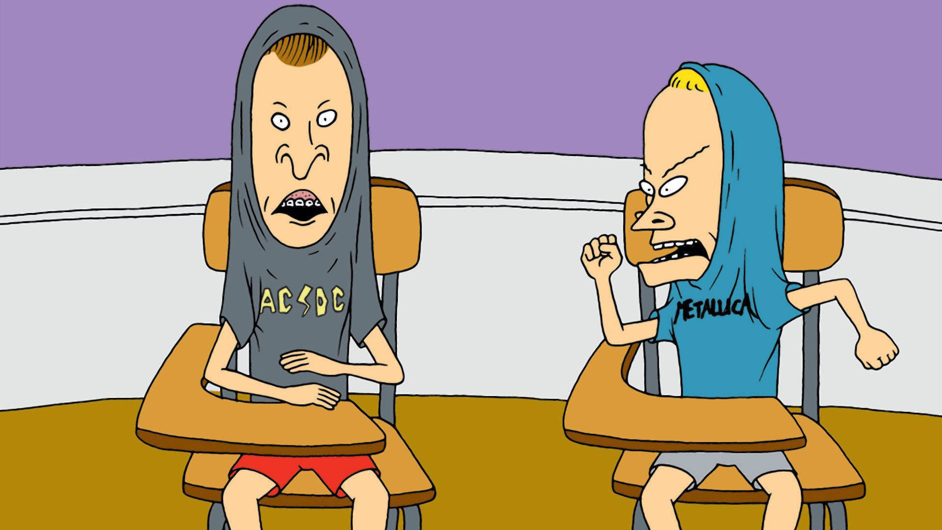 Beavis 和 Butt-Head 穿 T 恤當連帽衫 壁紙 — 兩個穿著連帽衫的卡通人物坐在學校書桌前，帶著憤怒的表情激烈爭論。