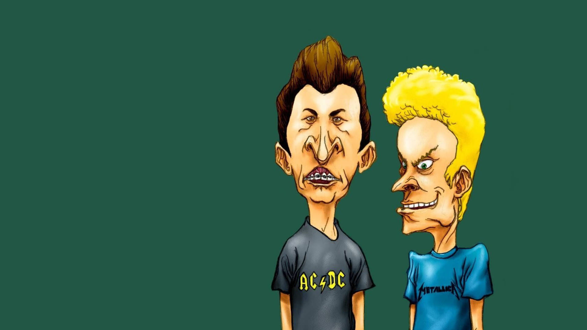 Beavis 和 Butt-Head 搞笑卡通化 壁紙 — 兩個誇張的卡通搖滾音樂家，頭髮尖刺，表情強烈，站在純綠色背景前。