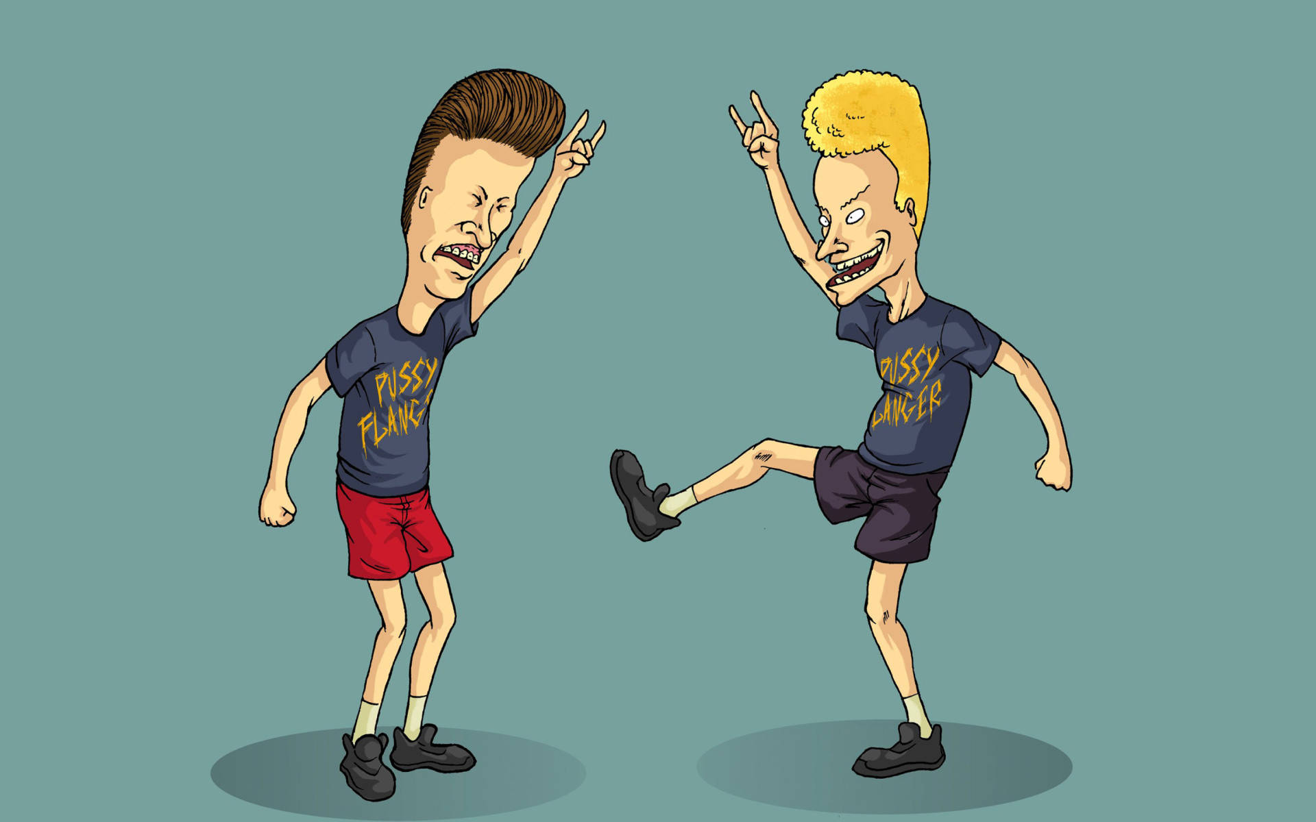 Beavis 和 Butt-Head 指向搖滾手勢 壁紙 — 兩個穿著相配襯衫的卡通男人在青綠色背景前做出勝利的手勢。