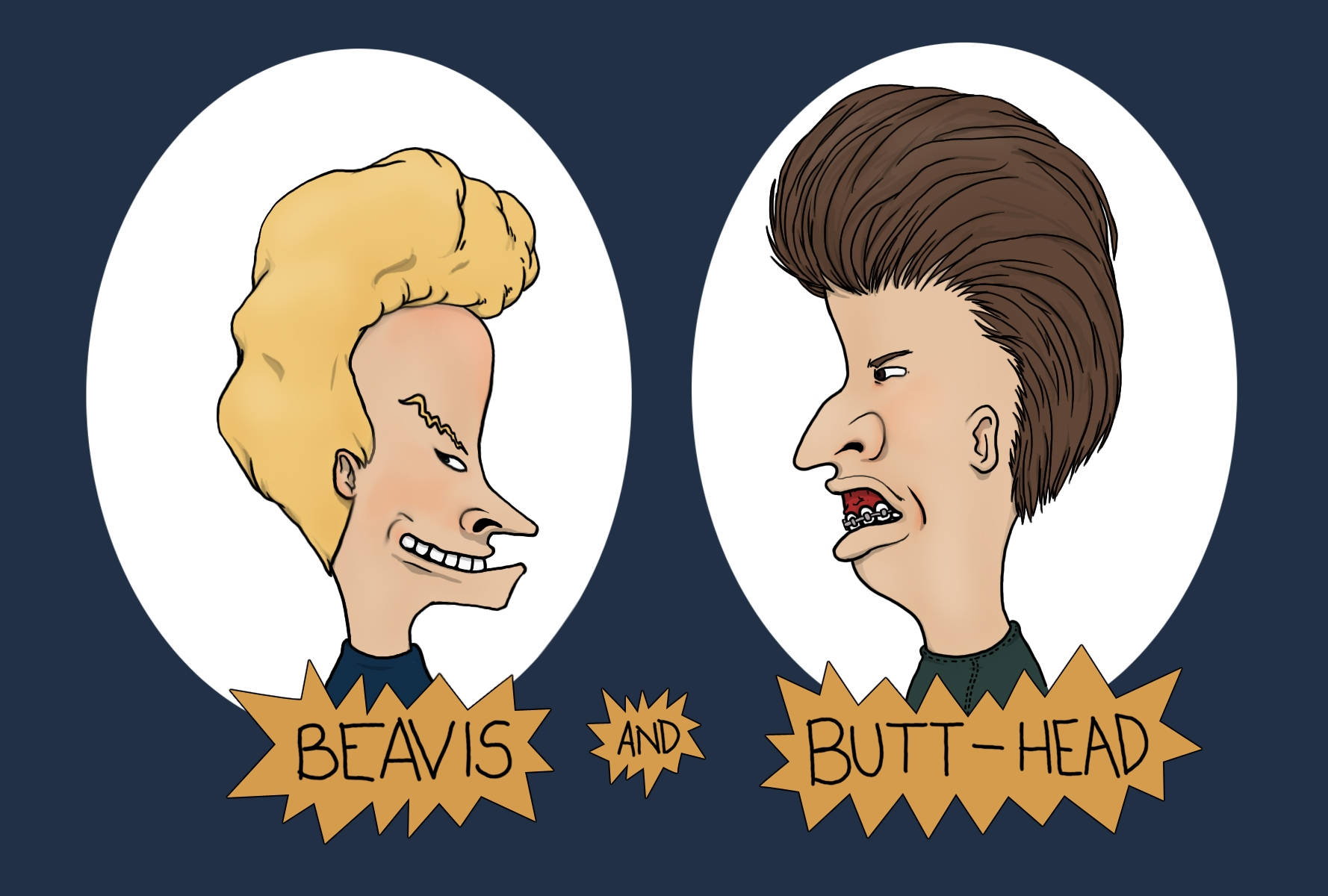 經典卡通角色Beavis與Butt-Head 壁紙 — 深藍色背景上帶有名稱標籤的 Beavis 和 Butt-Head 側面卡通漫畫。
