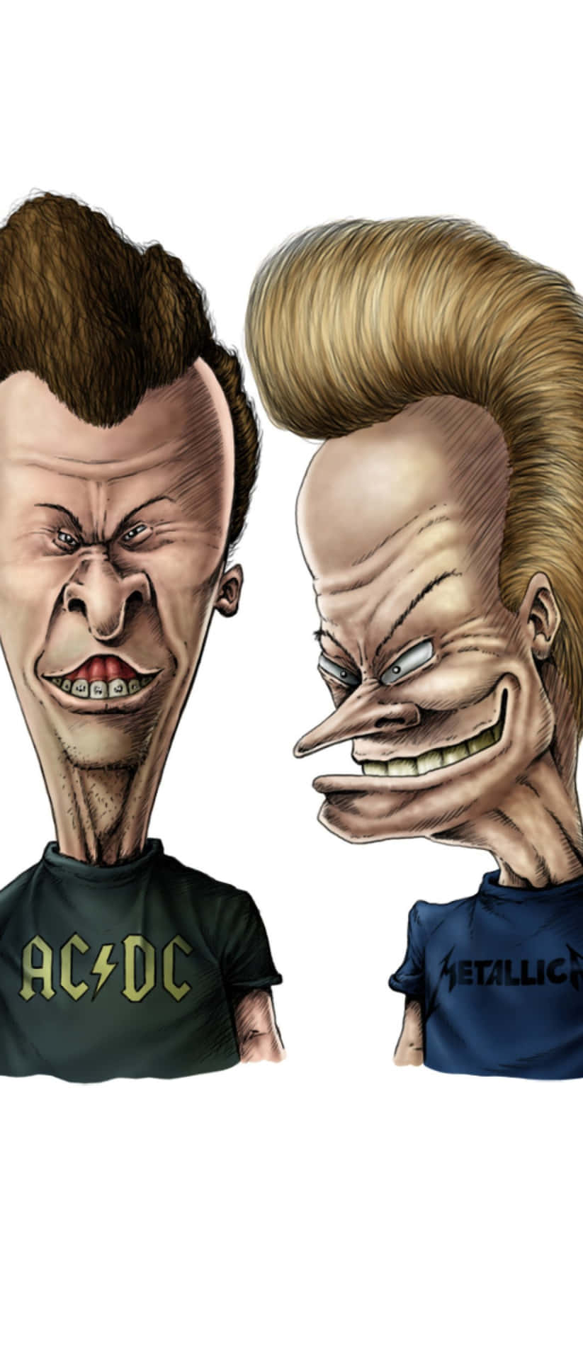 ACDC 和 Metallica 樂隊成員的卡通漫畫，具有誇張的面部特徵和標誌性的莫霍克髮型。
