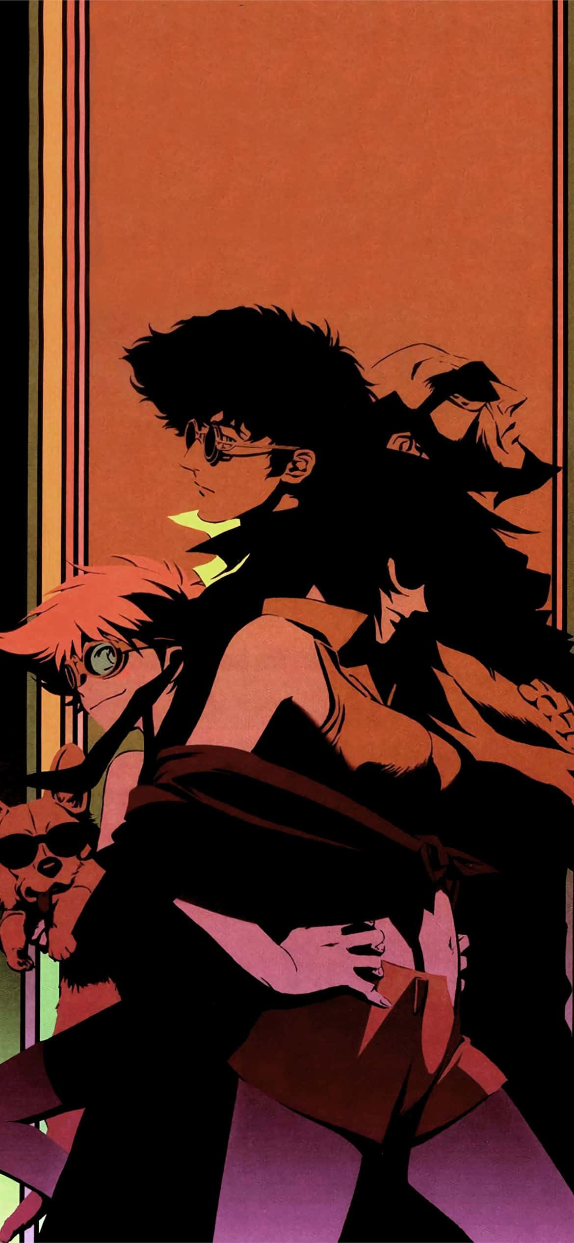 《星際牛仔》——太空船 Bebop 飛向未知 壁紙 — 剪影動漫角色，採用戲劇性的橙色和紫色色調，帶有粗黑輪廓和富有表現力的姿勢。