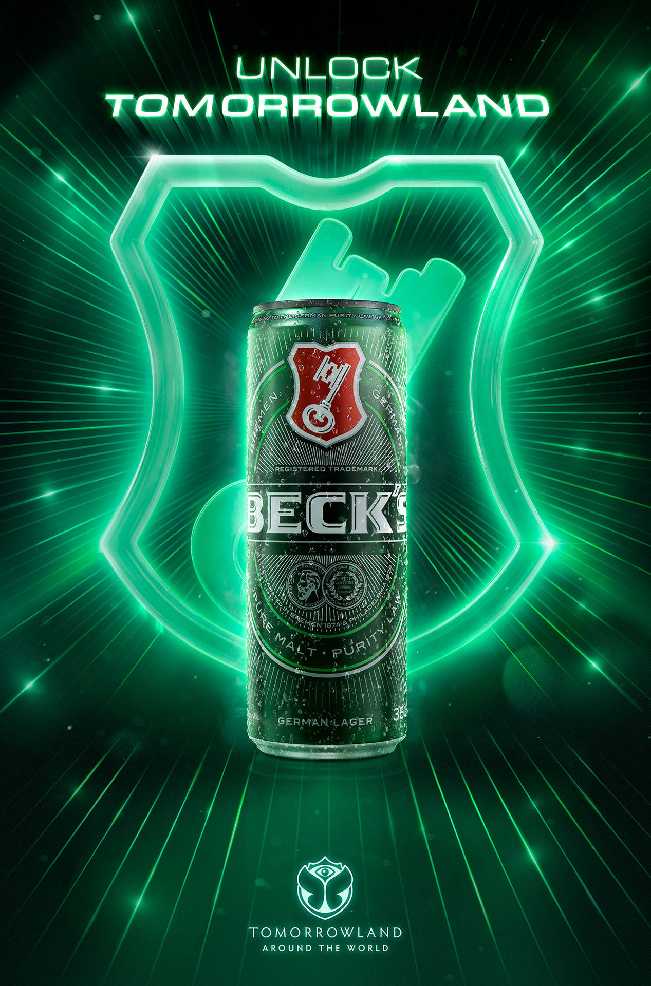 帶有霓虹綠色激光效果和 Tomorrowland 品牌的 Beck's 啤酒罐。