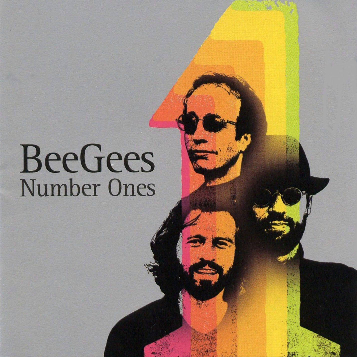 Bee Gees《Number Ones》精選輯封面 壁紙 — Bee Gees 的充滿活力的普普藝術肖像，帶有彩虹漸變覆蓋層和灰色背景上的粗體文字。