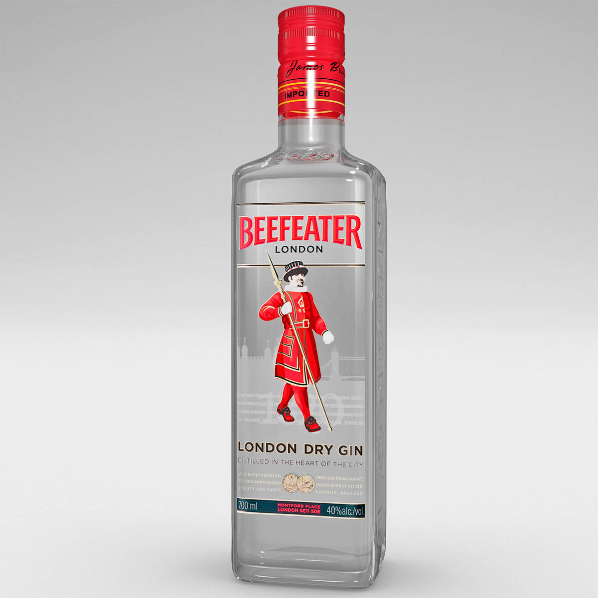 Beefeater London Dry Gin 酒瓶，帶有紅色瓶蓋和吉祥物標籤。