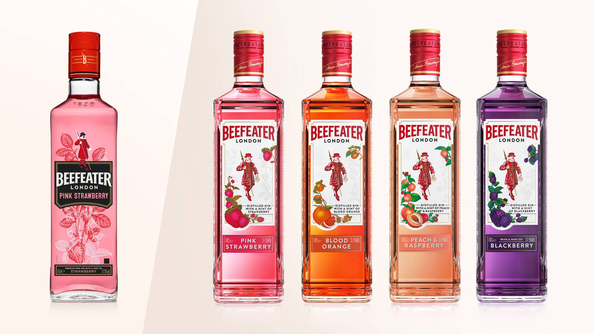 五款不同水果口味的Beefeater氈酒瓶排成一列展示。