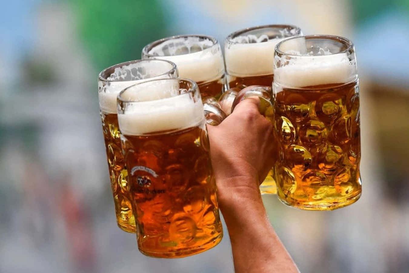四隻手在節日上碰啤酒杯乾杯。