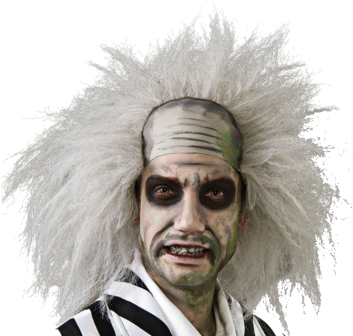 Beetlejuice角色肖像 壁紙 — 一個擁有狂野白髮和戲劇性黑綠色面部彩繪的人，穿著條紋襯衫，背景為黑色。