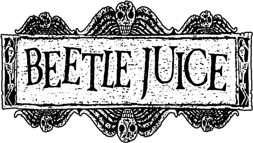 Beetlejuice 古風風格標誌 壁紙 — Beetlejuice 的復古風格黑白標誌，帶有骷髏、翅膀和華麗邊框。