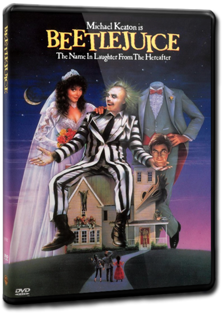 Beetlejuice DVD 封面藝術 壁紙 — 一張超現實電影海報， featuring Beetlejuice 穿著條紋西裝，與新娘和鬼魂般的人物在暮色天空下。