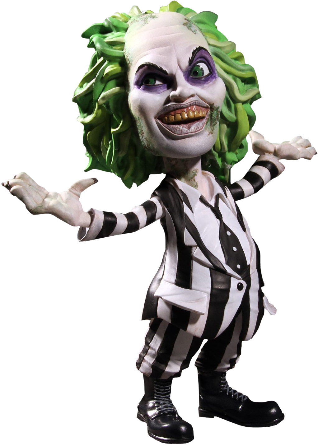 Beetlejuice 鬼魅姿勢角色 壁紙 — 一個風格化的Beetlejuice公仔，綠色頭髮和條紋西裝，在黑色背景前擺姿勢。