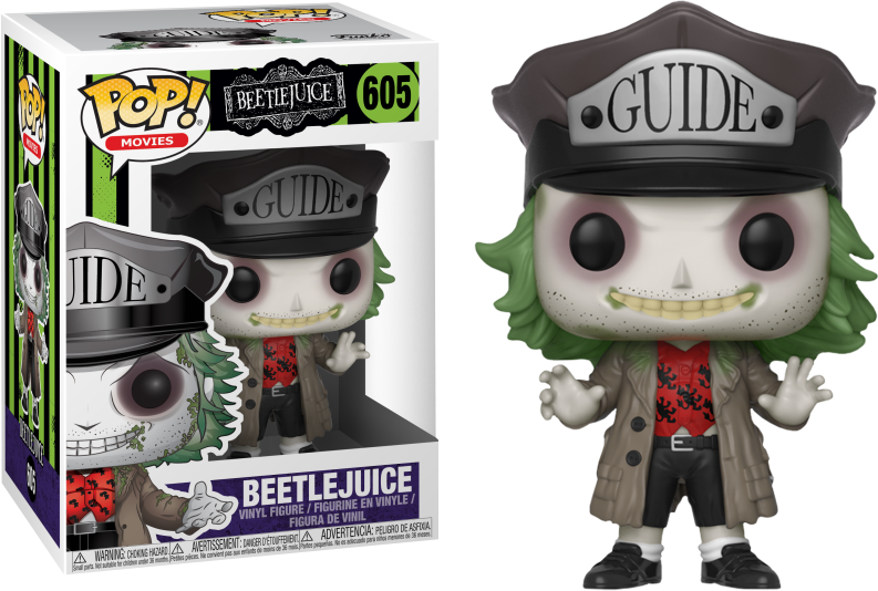 Beetlejuice Funko Pop! 指引者公仔 壁紙 — Beetlejuice 身穿導遊制服、綠色頭髮、咧嘴大笑的 Funko Pop! 乙烯基公仔。