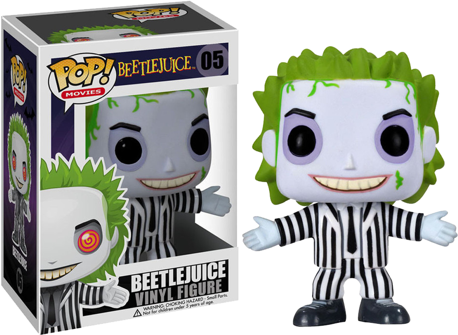 Beetlejuice Funko Pop 玩偶 壁紙 — 穿著條紋西裝的Beetlejuice Funko Pop! 乙烯基人偶，旁邊有盒子，綠色頭髮和紫色眼睛。