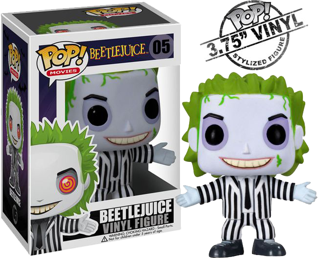 Beetlejuice Funko Pop 玩偶 壁紙 — Beetlejuice 的 Funko Pop! 塑膠公仔，身穿其標誌性條紋西裝，綠色頭髮和一隻紅色眼睛，展示在其原裝包裝旁邊。