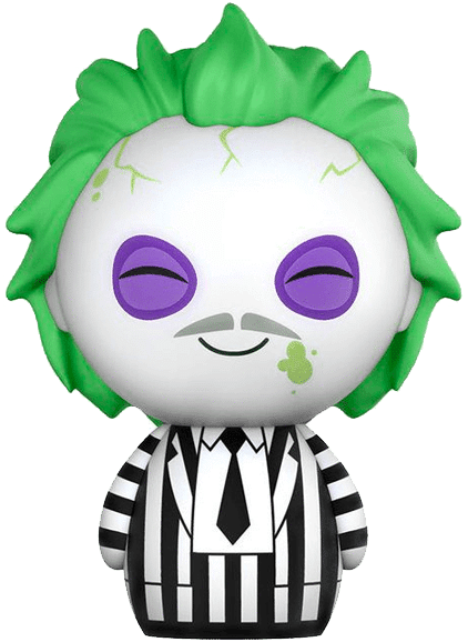 Beetlejuice Funko Pop 玩偶 壁紙 — 一個Q版風格的Beetlejuice乙烯基公仔，綠色頭髮、紫色眼睛、穿著條紋西裝，在白色背景前微笑。
