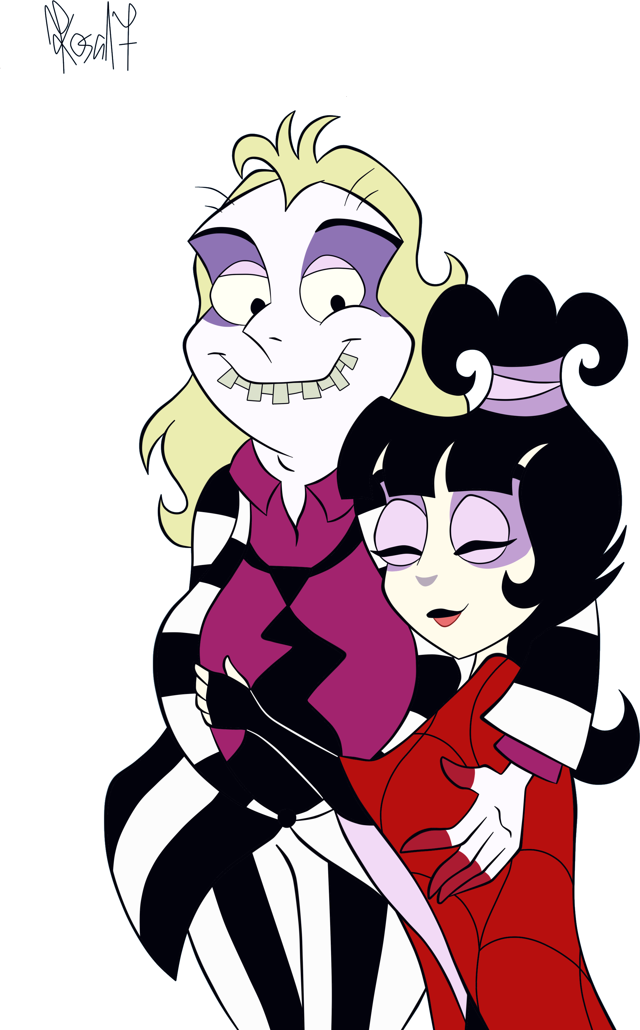 Beetlejuice 與 Lydia 卡通擁抱 壁紙 — 兩個身穿黑白條紋服裝的動畫角色在黑色背景前擁抱。