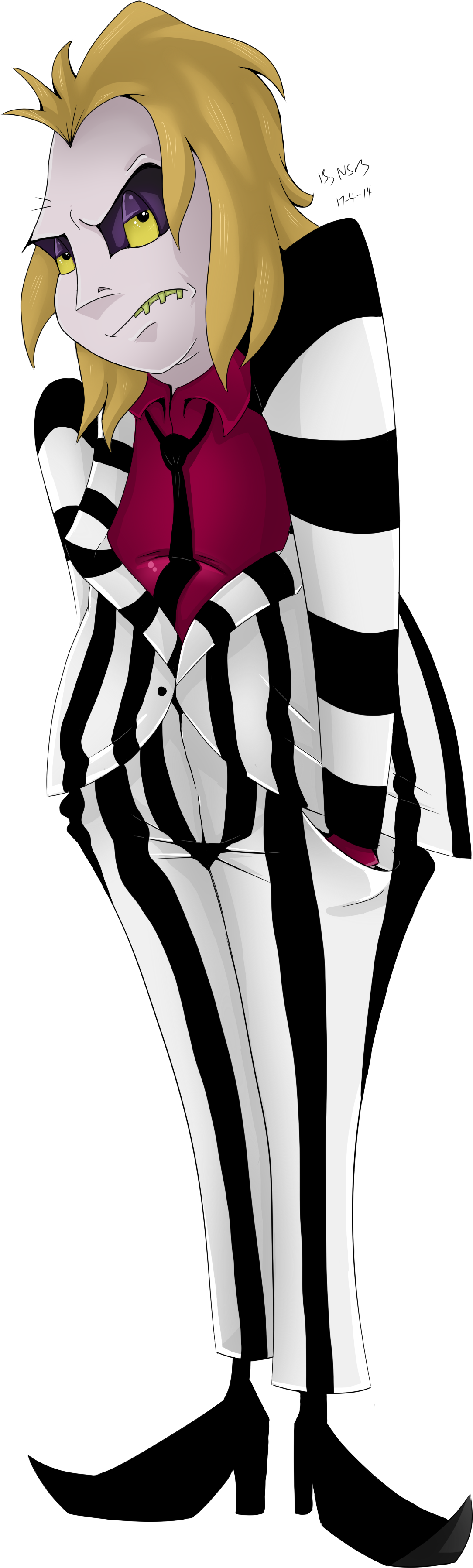 動畫風格 Beetlejuice 角色插畫 壁紙 — 一個風格化的動畫角色，金髮，身穿黑白條紋西裝，站在黑色背景前。
