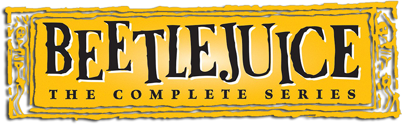 Beetlejuice 完整系列標誌 壁紙 — 黃色橫幅上粗體黑色「BEETLEJUICE」文字，兩側有骷髏圖案，下方有「THE COMPLETE SERIES」。
