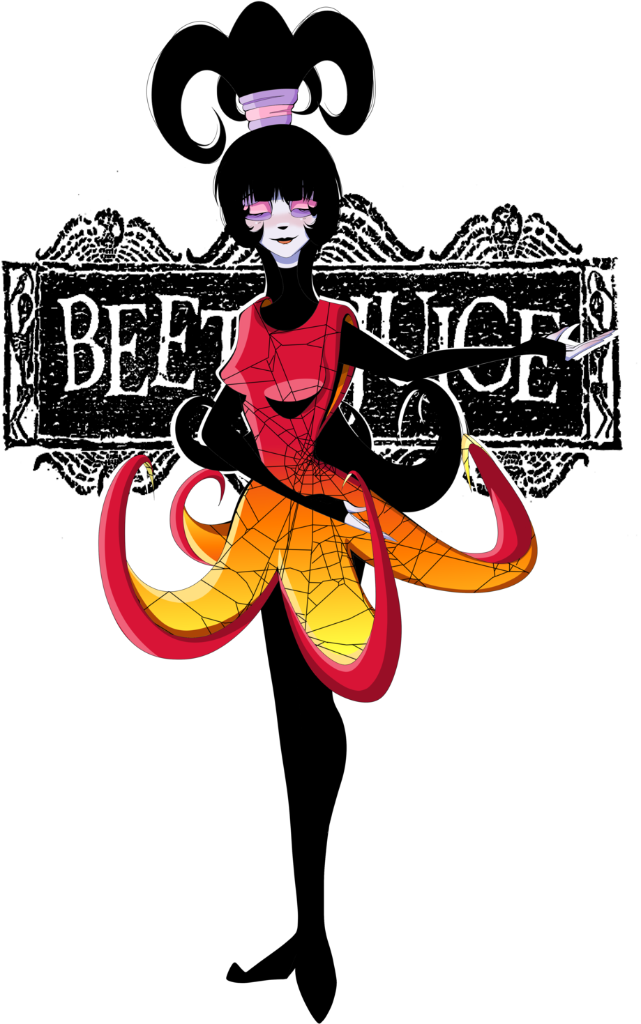 風格化 Beetlejuice 角色插畫 壁紙 — 一個風格化的動畫角色，身體呈紅橙色漸變，戴著紫色帽子，站在黑色背景前，上面有白色文字 'BEET JUICE'。