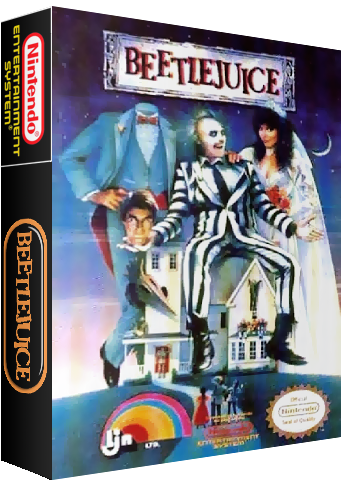 Beetlejuice 主題任天堂遊戲封面 壁紙 — Beetlejuice 和他的新娘坐在任天堂遊戲盒上的微型房屋頂上，下方有彩虹和鬼影。