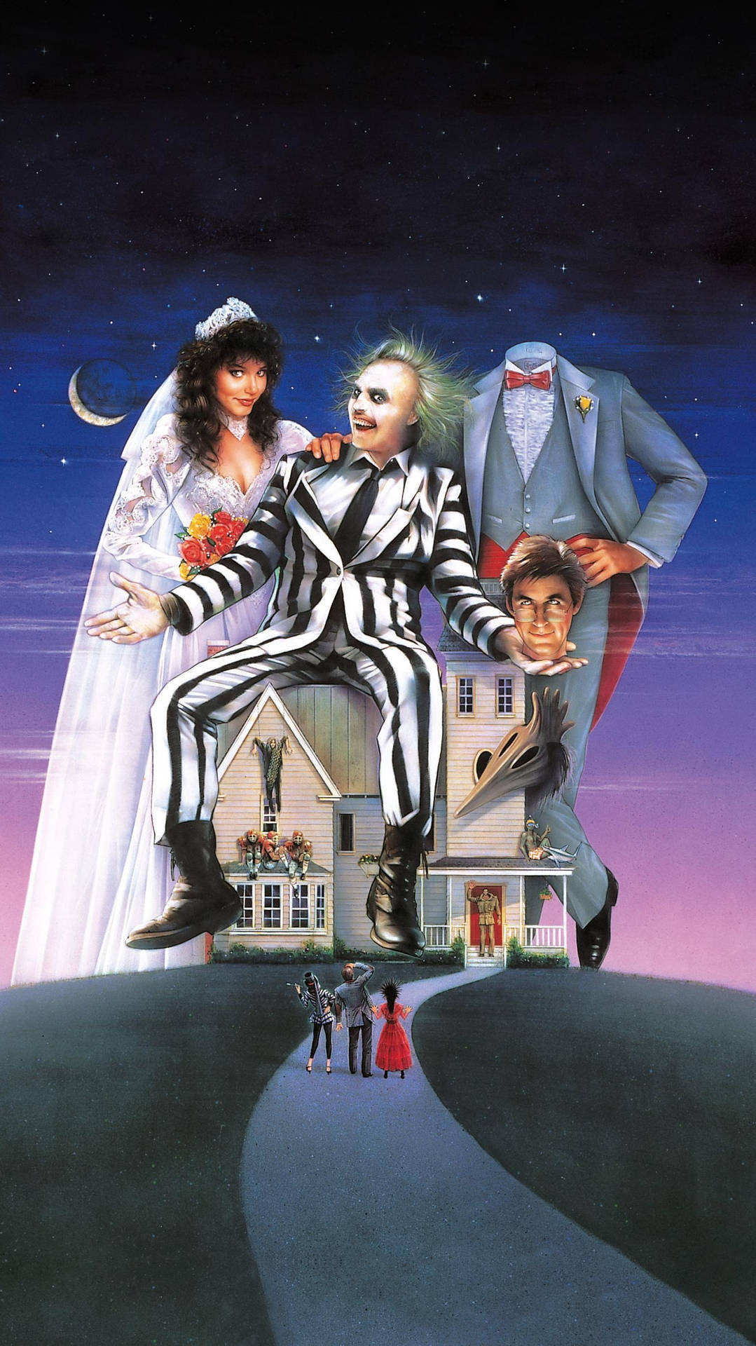 Beetlejuice和新婚夫婦在星空下漂浮在房子上方。