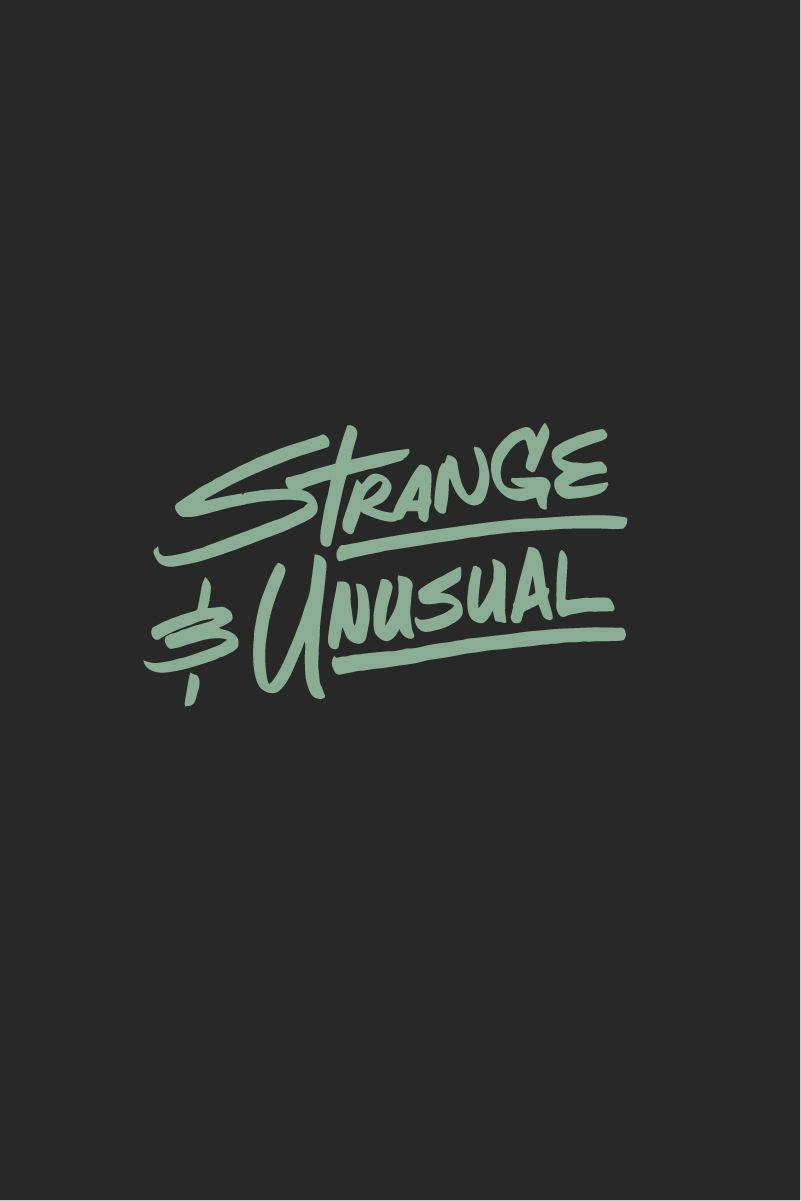 在深灰色背景上顯示 strange unusual 的風格化薄荷綠色文字