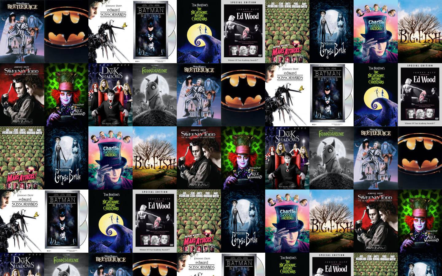 經典恐怖和黑暗奇幻電影海報網格，包括 Beetlejuice、Batman、Ed Wood 和 Corpse Bride。