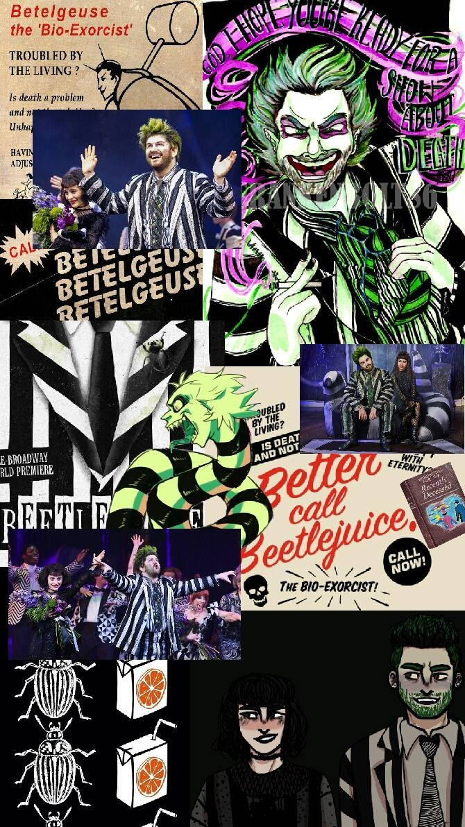 Beetlejuice 宣傳拼貼，包含角色、文字和恐怖幽默。
