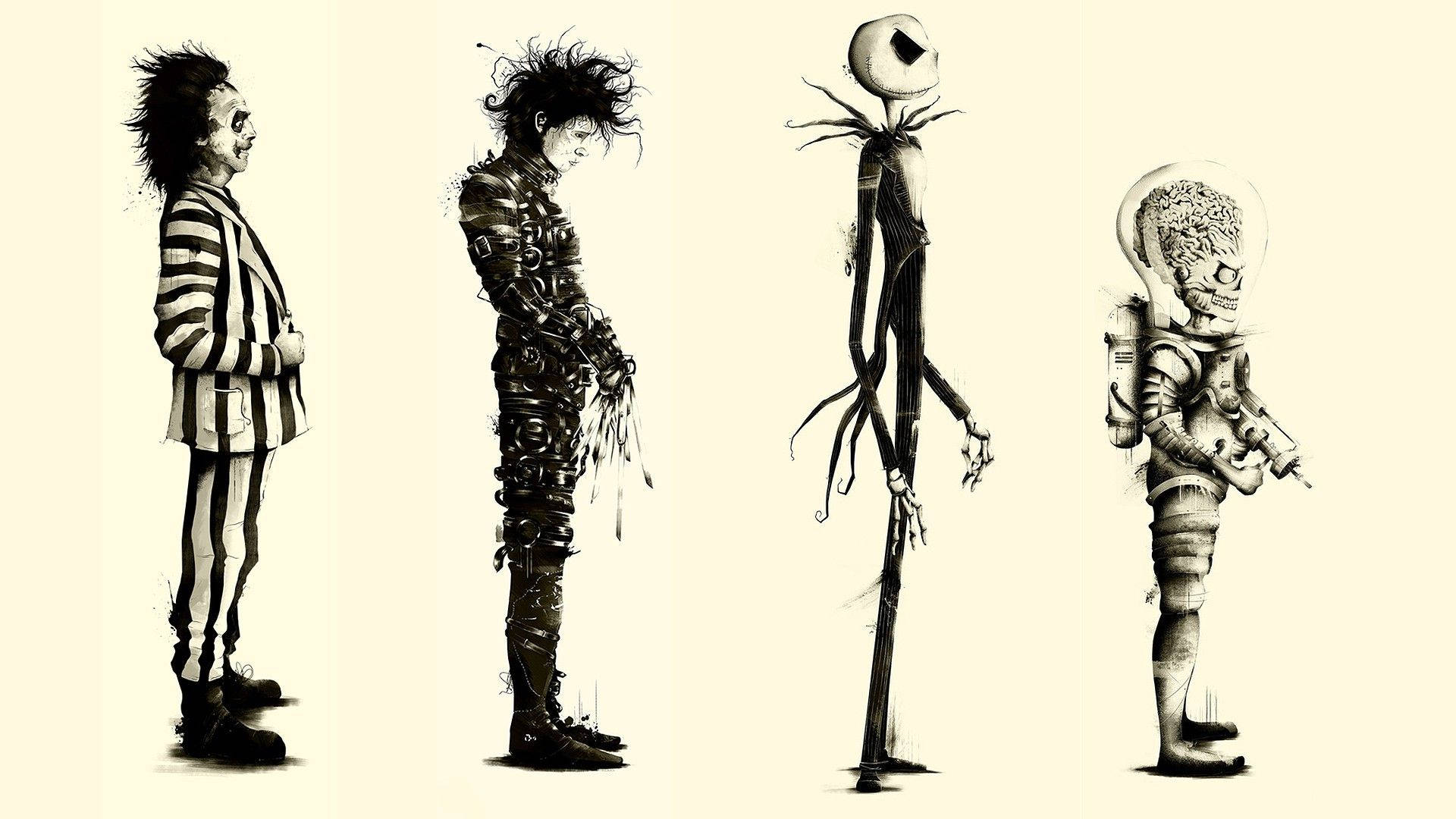 四個黑白風格化的動畫角色，包括 Beetlejuice 和 Jack Skellington。