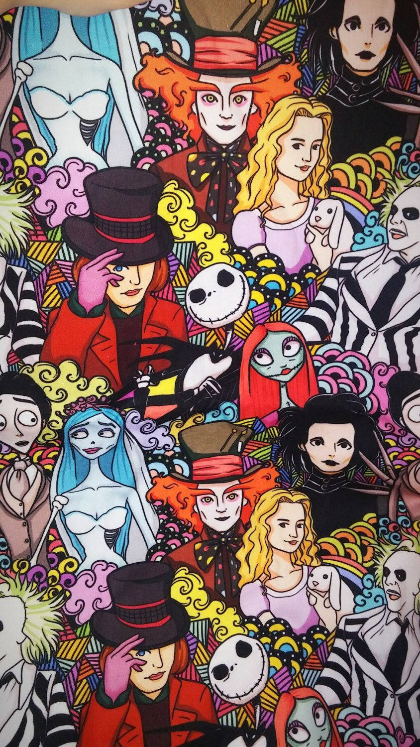 一幅色彩繽紛的插圖，描繪添布頓角色在密集的拼貼中。