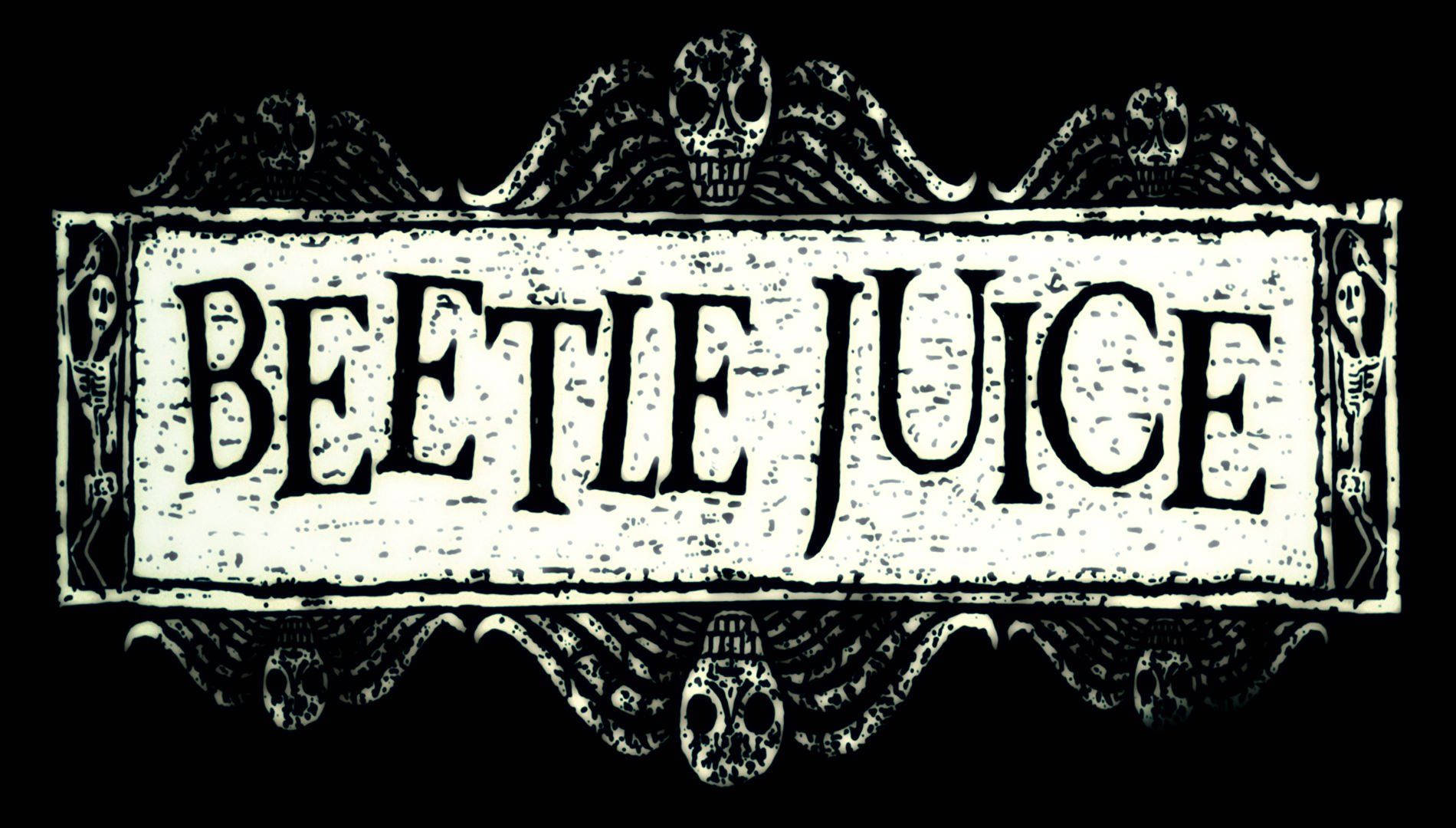 一個陰森的Beetlejuice標誌，帶有哥德風格的骷髏頭和骨架。