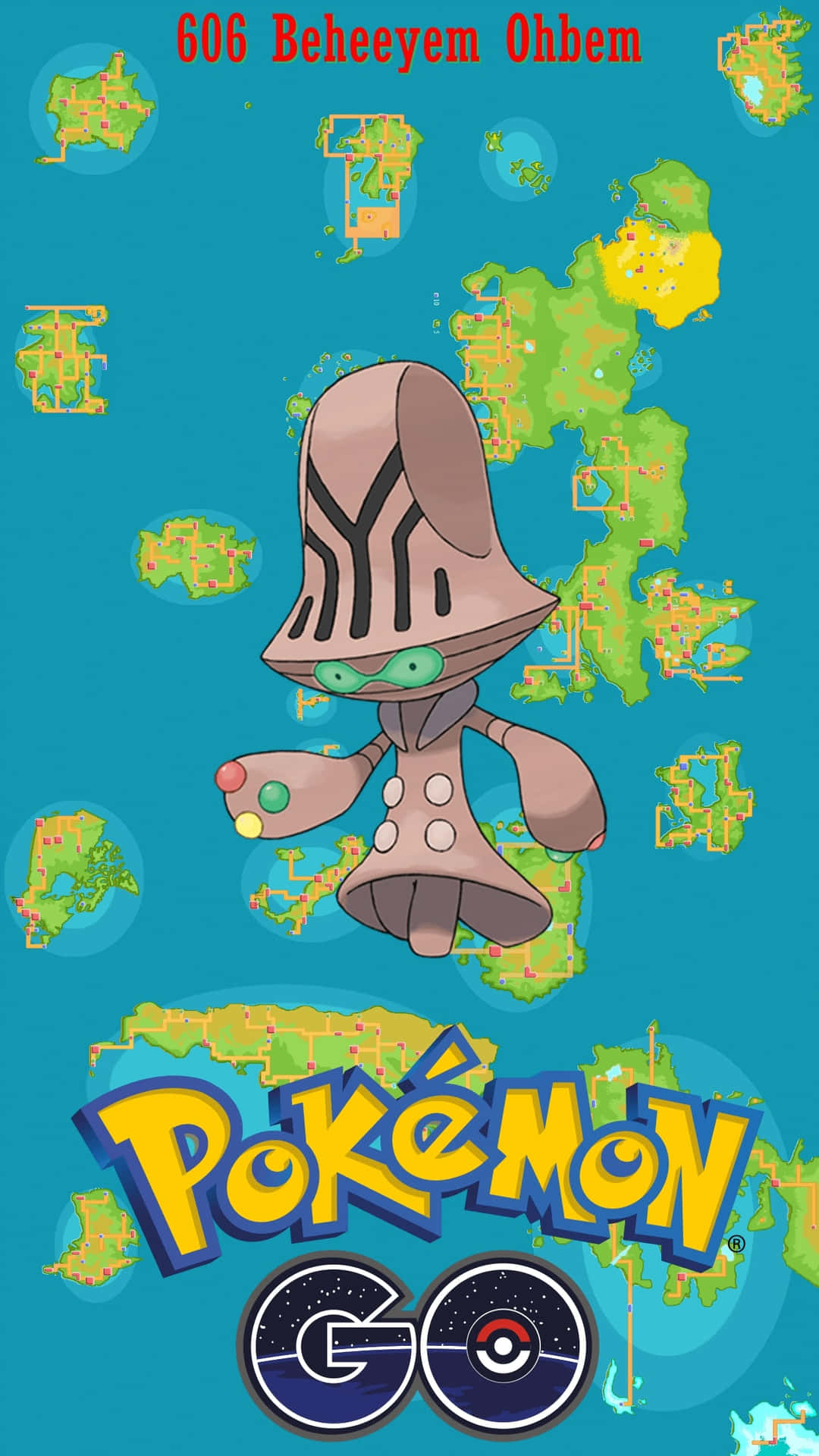 來自 Pokémon GO 嘅 Beheeyem 寶可夢角色，周圍有漂浮嘅地圖碎片。