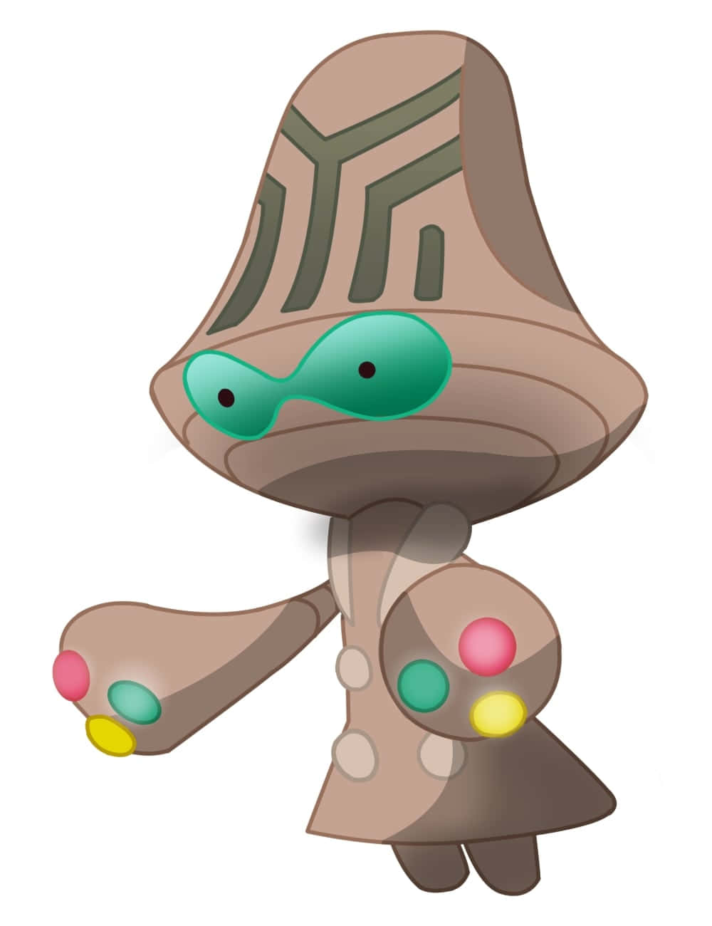 Beheeyem 活動模式 壁紙 — 卡通蘑菇寶可夢，戴著棕色帽子，綠色眼睛，手和圍裙上有彩色油漆點。