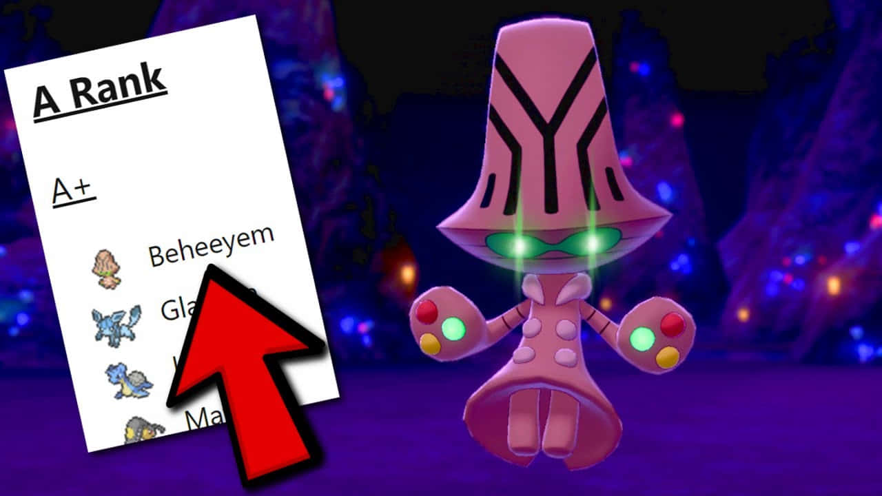 Beheeyem 等級卡 壁紙 — 一隻粉紅色嘅精靈，有發光嘅綠色眼睛同色彩繽紛嘅鈕扣狀手，企喺一個排名圖表旁邊，突出顯示 'Beheeyem' 係 A+。