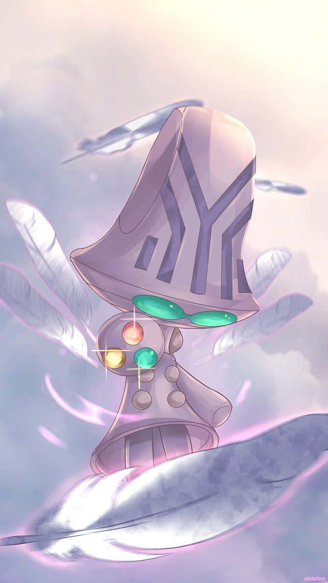 Beheeyem 紫羅蘭色背景 壁紙 — 一個風格化的動漫角色，戴著高帽子和發光的寶石，漂浮在柔和的粉彩雲朵和羽毛之間。