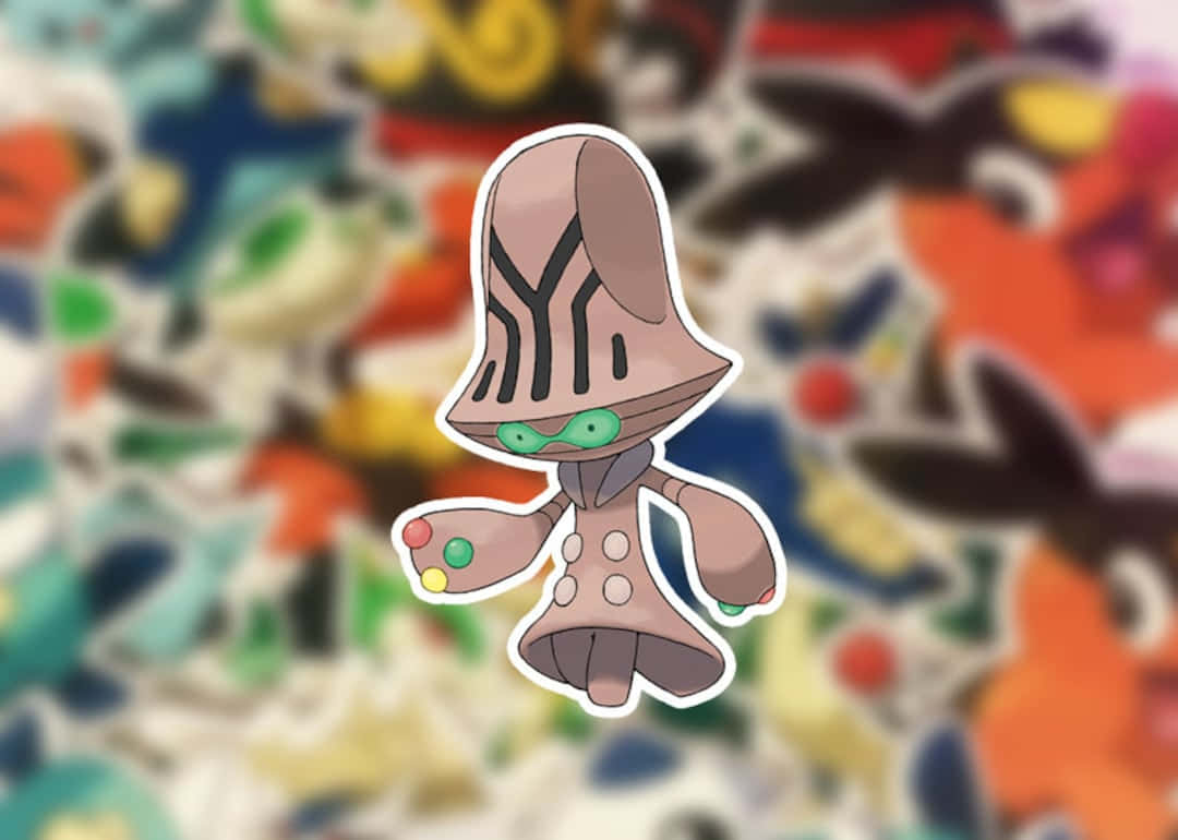 Beheeyem 與模糊寶可夢背景 壁紙 — 一隻戴著棕色帽子和綠色眼睛的卡通風格寶可夢，在色彩繽紛模糊的其他寶可夢貼紙背景中脫穎而出。